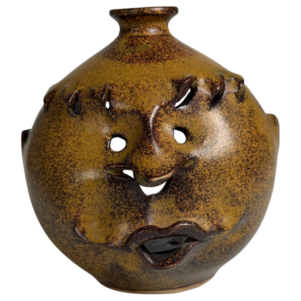 Whimsical Face Pottery Tea Candle Holder Handcrafted Ceramic Sculpture Art Funny